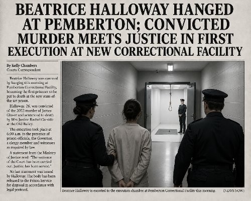 BEATRICE HALLOWAY HANGED AT PEMBERTON; CONVICTED MURDER MEETS JUSTICE IN FIRST EXECUTION AT NEW CORRECTIONAL FACILITY