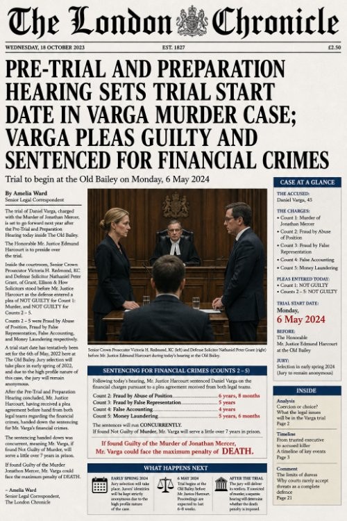 PRE-TRIAL AND PREPARATION HEARING SETS TRIAL START DATE IN VARGA MURDER CASE; VARGA PLEAS GUILTY AND SENTENCED FOR FINANCIAL CRIMES